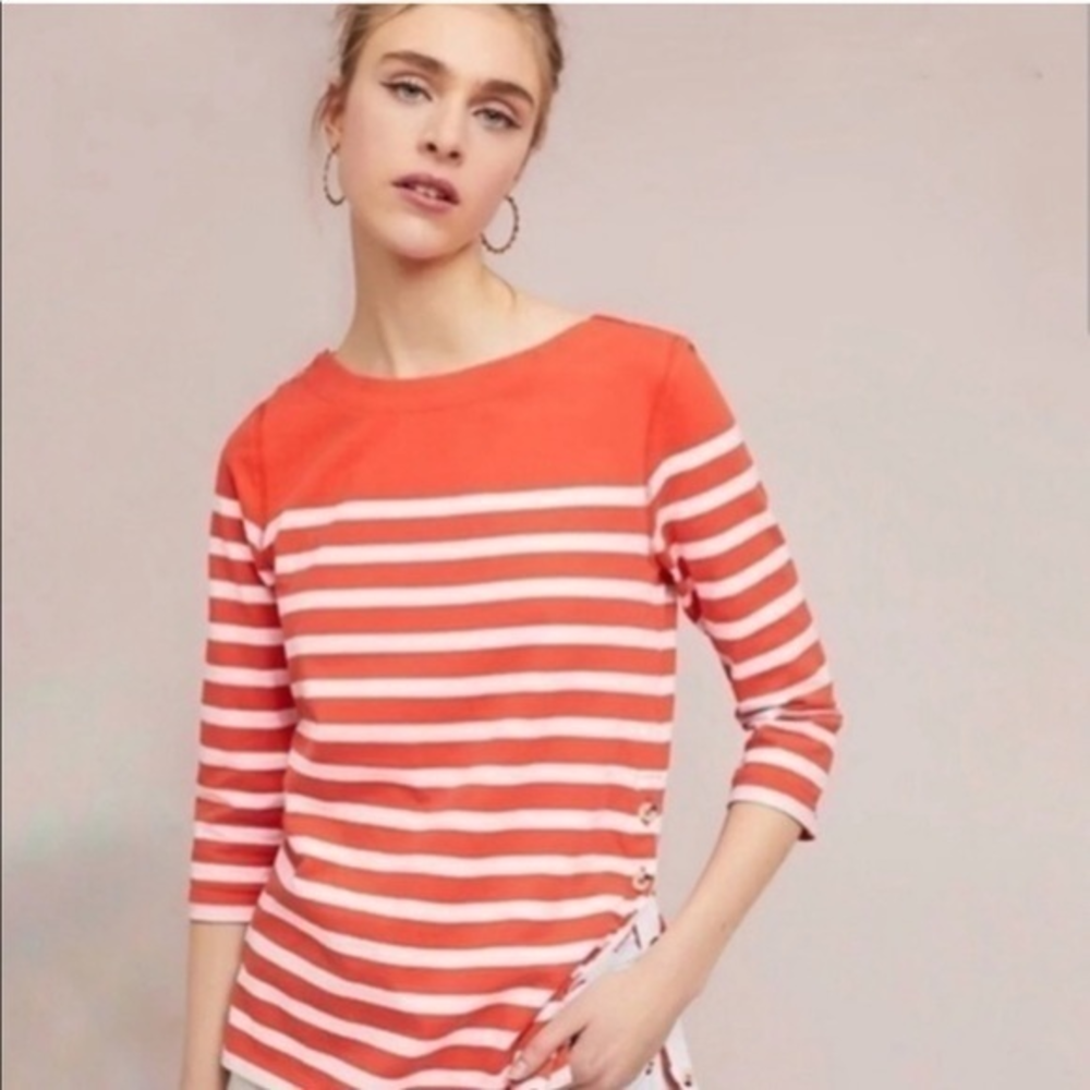Anthropologie Meave Orange Striped‎ Button Side Top
